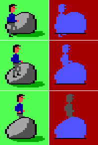 a character in different positions relative to the boulder